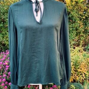 Hinge Victorian Romantic Tie Neck Evergreen Top w/Balloon Sleeves